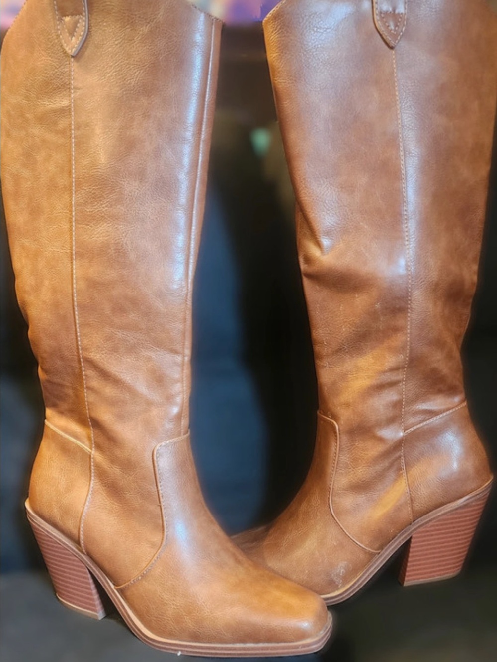 Women's Tall Brown Leather-Look Block Heel Boots